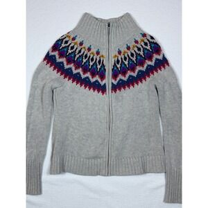 Chaps Denim Fair Isle Full Zip Mock Neck Sweater Women's Small Gray Multicolor